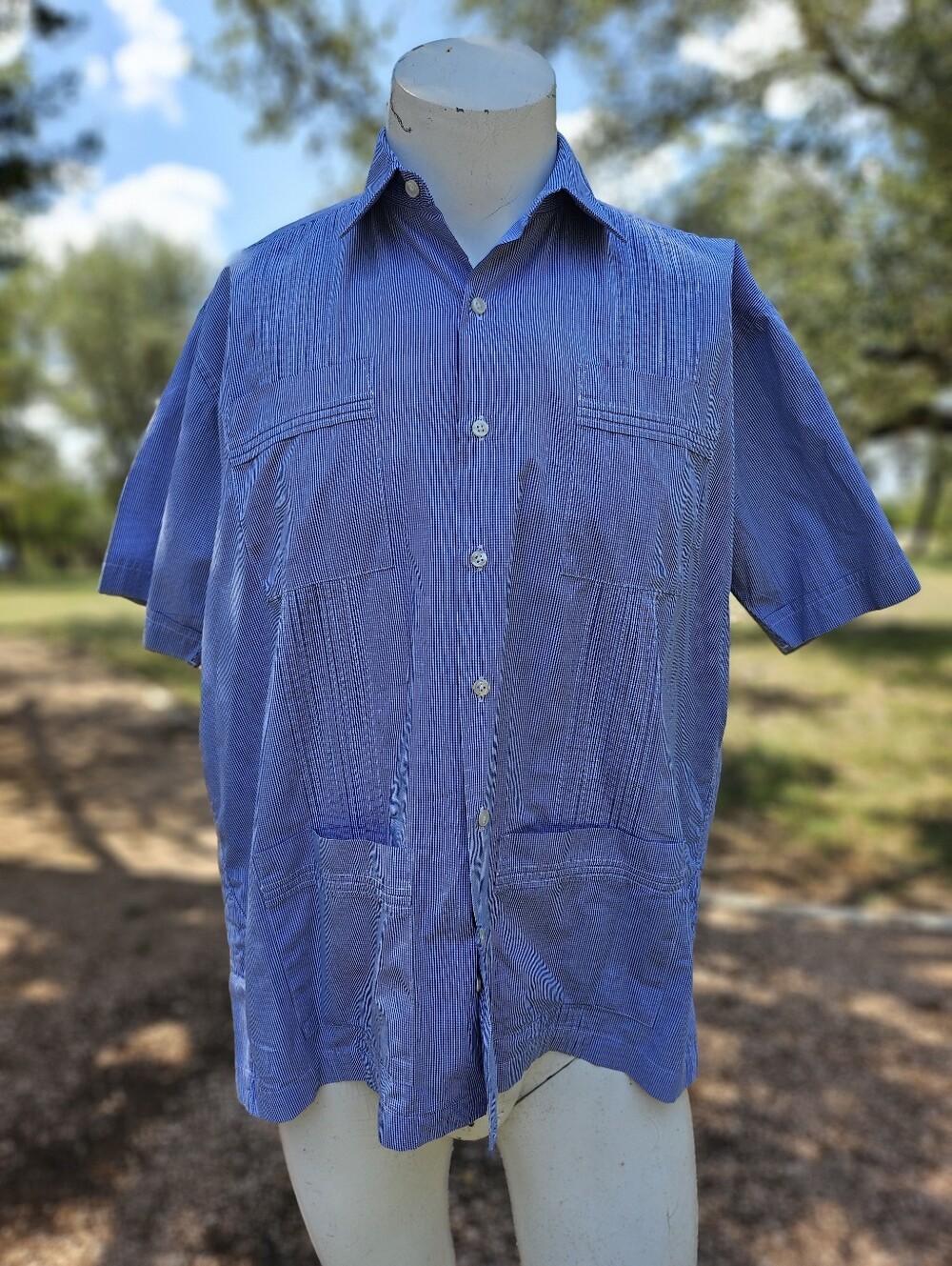 San Cristobal Guayabera White Embroider Trim Ribbed Cotton Short Sleeve Shirt L